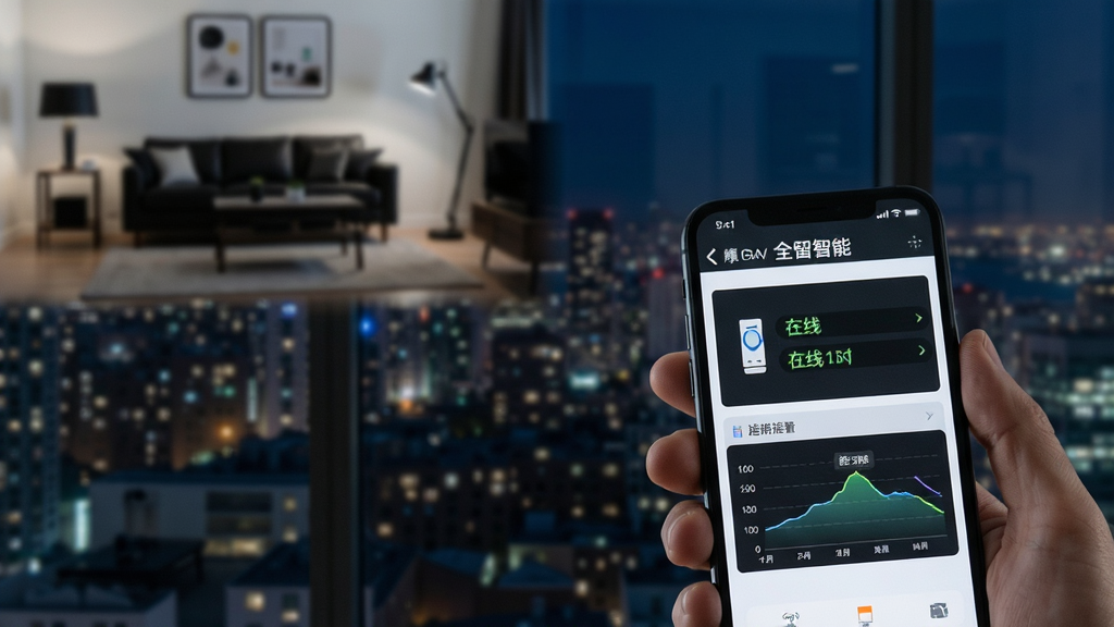 一张表现远程控制与状态查看的图片,画面主体为一只手握手机,手机屏幕显示摩根全屋智能的远程控制界面,界面上有设备在线状态与能耗曲线,背景为城市夜景窗外视角,布局上手机位于画面右下角,左上角虚化呈现家居剪影,风格为生活化科技摄影,细节上突出屏幕信息与窗外夜景的对比,画质清晰,画面干净,无多余元素