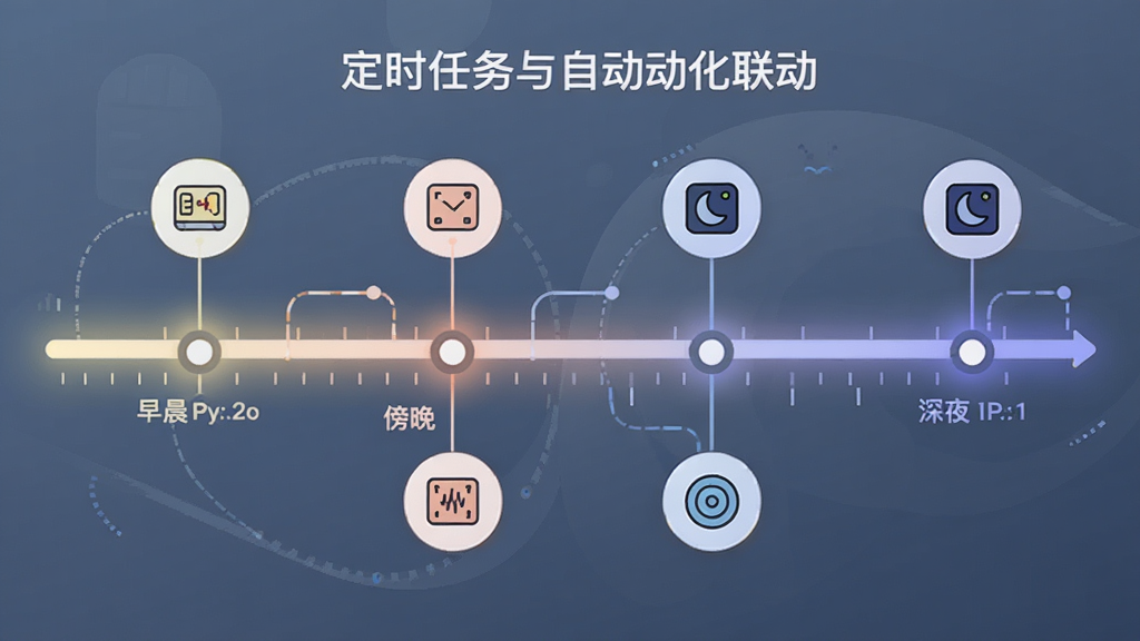 一张展示定时任务与自动化联动的图片,画面主体为时间轴与设备图标的组合画面,时间轴上标注早晨、傍晚、深夜等节点,每个节点连接对应的设备动作图标,布局采用横向时间轴贯穿画面,风格为信息图表式插画,细节上时间轴带有柔和光效,设备图标简洁统一,画质清晰,画面干净,无多余元素