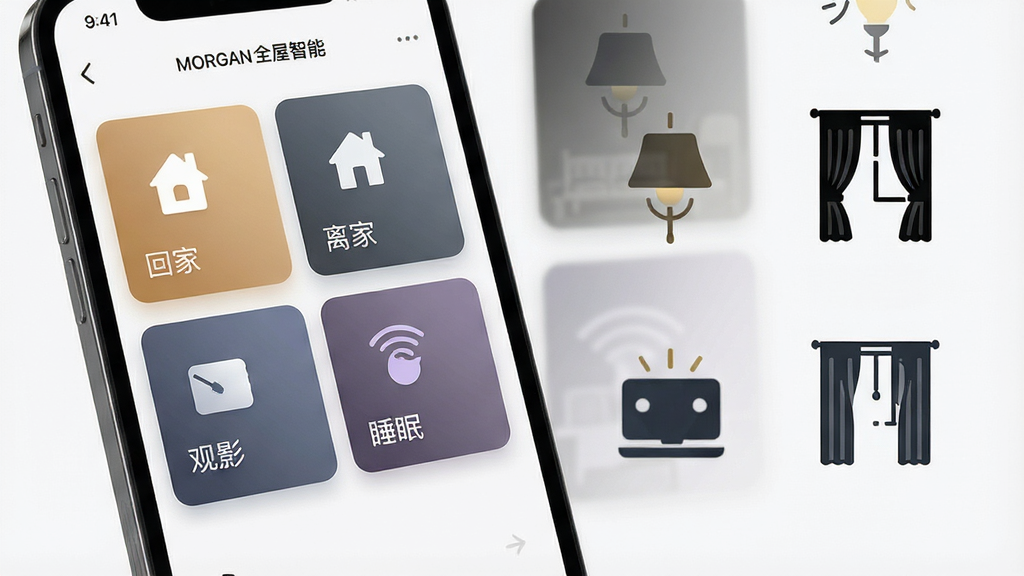 一张展示场景模式一键切换的图片,画面主体为手机屏幕特写,屏幕上显示摩根全屋智能的场景选择界面,包含回家、离家、观影、睡眠等模式卡片,布局上手机位于画面左侧,右侧以图标形式呈现灯光渐暗、窗帘关闭的联动效果,风格为现代简约产品摄影,细节上突出卡片设计的精致感与场景图标的辨识度,画质高清,画面干净,无多余元素