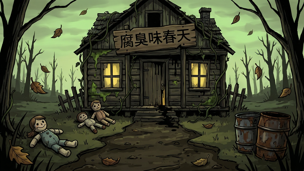 一幅暗黑手绘风格的游戏场景插画,画面主体是一座被藤蔓缠绕的废弃木屋,窗户透出昏黄灯光,屋前小径散落着破旧布偶与锈蚀铁桶,远处天空呈现病态的淡绿色调,画面中央用破损木牌写着腐臭味春天四个字,布局采用纵深感构图,前景为泥泞小路中景为木屋远景为枯树林,风格为哥特绘本插画,细节包含飘落的枯叶、墙面的霉斑、门缝渗出的暗色液体,画质清晰干净无多余元素