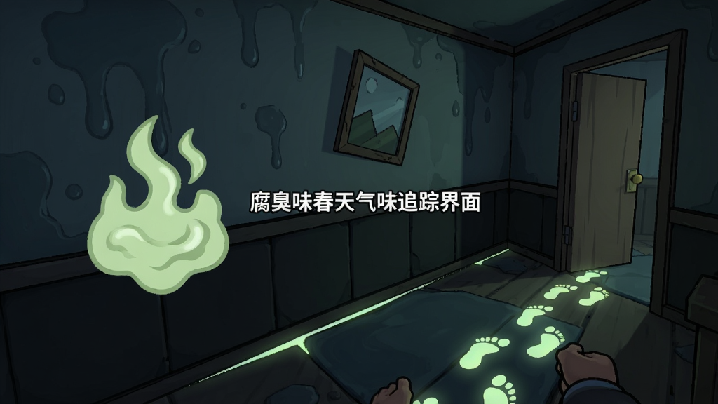 一张游戏界面截图风格的插画,画面展示第一人称视角下昏暗的走廊,屏幕左侧漂浮着淡绿色波纹状气味指示图标,右侧地面有一串发光脚印延伸至半开的房门,画面中央用白色小字标注腐臭味春天气味追踪界面,布局为竖屏手游比例,风格为暗黑卡通渲染,细节包含墙上的水渍、歪斜的相框、地板缝隙透出的微光,画质干净清晰无多余元素