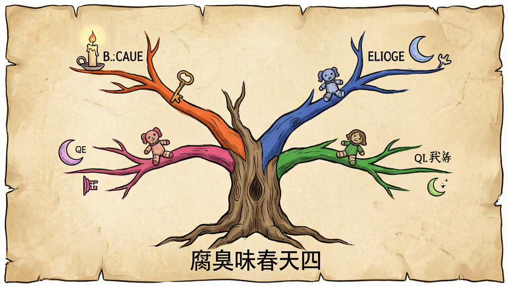一幅多结局分支路线示意图风格的插画,画面中央是一棵枯树主干,向上分出四条颜色不同的枝干分别标注不同结局名称,树根处写着腐臭味春天四字,布局为对称式信息图,风格为手绘羊皮纸质感,细节包含枝干上的小图标如蜡烛、钥匙、玩偶、月亮,画质清晰干净无多余元素