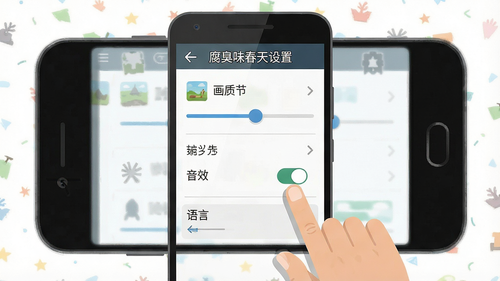 一幅安卓手机游戏设置界面示意图插画,画面展示竖屏手机屏幕内包含画质调节滑块、音效开关、语言选择等选项,屏幕上方标题栏写着腐臭味春天设置,布局为居中手机正视图,风格为扁平化UI设计图,细节包含清晰的图标与文字标签、手指点击滑块的动作示意,画质干净清晰无多余元素