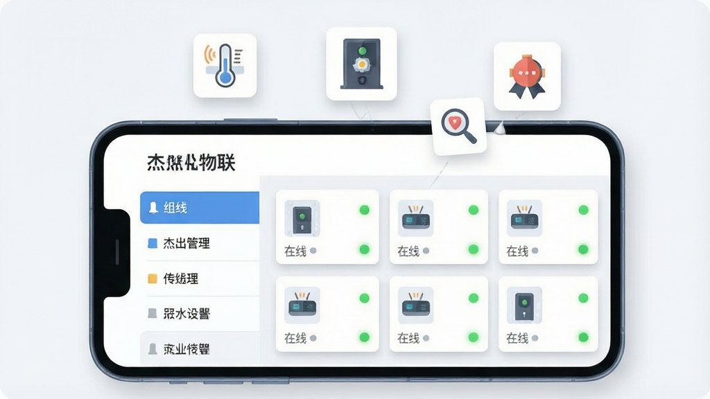 画一张扁平化风格的信息图插画,画面主体为一部手机屏幕,屏幕内显示“杰出物联”设备管理列表界面,左侧为分组标签栏,右侧为设备卡片网格,每张卡片上有设备图标与在线状态小圆点,手机上方漂浮着若干设备类型图标如温度传感器、门禁控制器、定位终端,背景为浅灰白色,布局采用左右分栏结构,风格清爽商务,细节上突出卡片阴影与状态指示灯,画质干净清晰,无杂乱元素