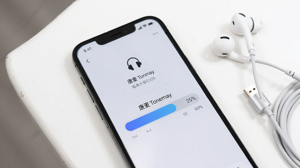 画面主体为一部手机屏幕显示唐麦Tonemay固件升级进度条界面,进度条为蓝色渐变填充,上方有耳机图标和版本号文字,手机放置在白色桌面上,旁边有一副白色耳机和充电线,风格为简洁产品场景图,细节上进度条有百分比数字,界面背景为浅灰白色,画质清晰,光线明亮均匀。