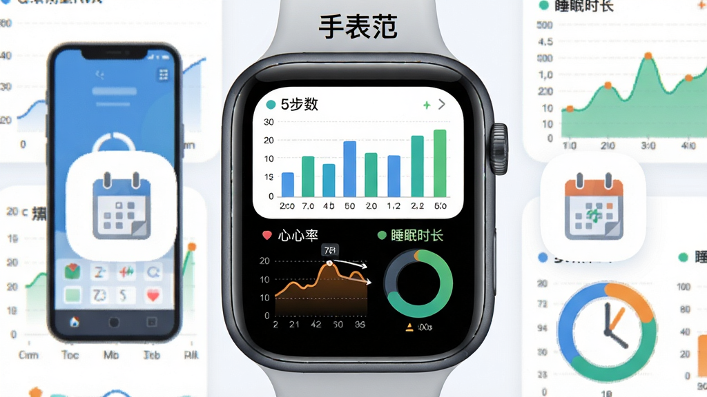 画面中央为一块智能手表屏幕放大展示健康数据图表,包括步数柱状图、心率曲线和睡眠时长环形图,手表两侧分别有手机和日历图标作为辅助元素,布局为手表居中、数据图表环绕四周,风格为简约数据可视化插画,配色以白色背景搭配蓝色、绿色和橙色图表色块,细节包括图表上的刻度线和数字标注,画质干净明亮,无杂乱元素,图片中手表屏幕上方标注文字“手表范”。
