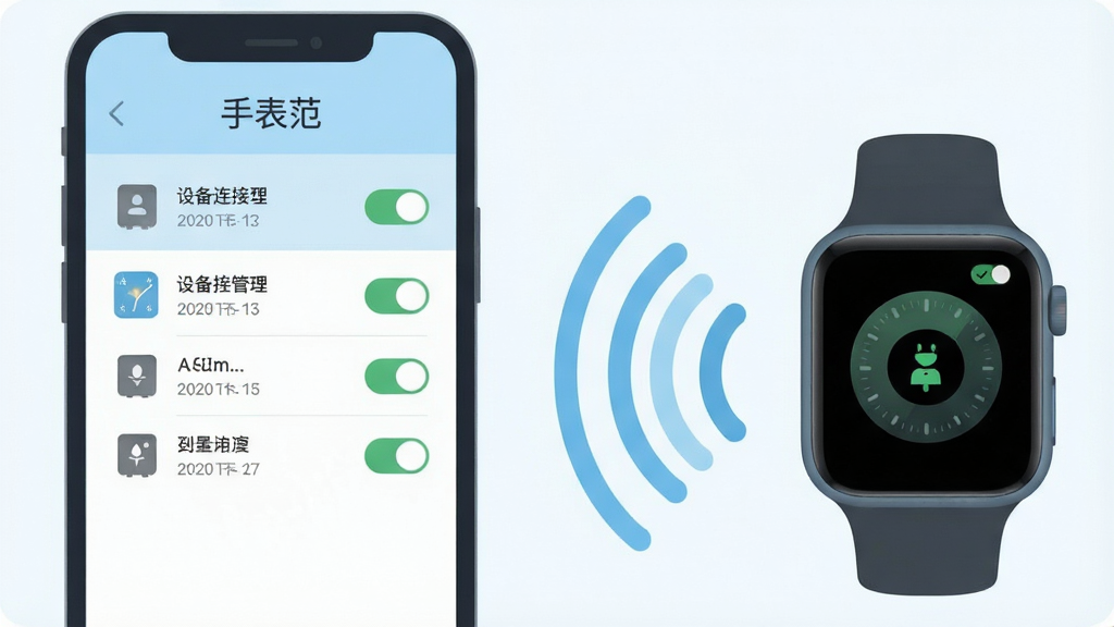 画面主体为一部手机与一块智能手表通过无线信号波纹相连,手机屏幕显示设备连接管理界面,手表屏幕显示已连接状态,布局为手机在左、手表在右,中间以弧形信号线连接,风格为清爽的扁平化科技插画,配色以浅蓝、白色和深灰为主,细节包括手机界面上的设备列表条目、连接开关按钮和手表表盘上的连接图标,画质干净清晰,无多余元素,图片中手机屏幕上方标注文字“手表范”。