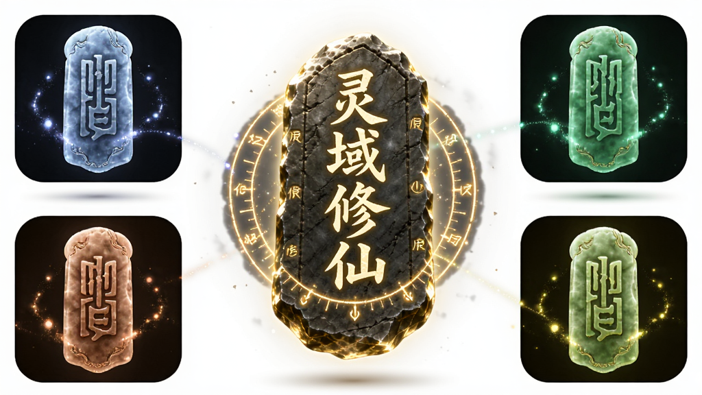 画面中央为一枚悬浮的发光境界石碑,碑面刻有“灵域修仙”字样与环形境界刻度,周围环绕五枚不同颜色的功法玉简,布局对称居中,排版为方形图标展示风格,细节包括玉简表面纹理与光晕粒子,画质清晰干净,无多余元素