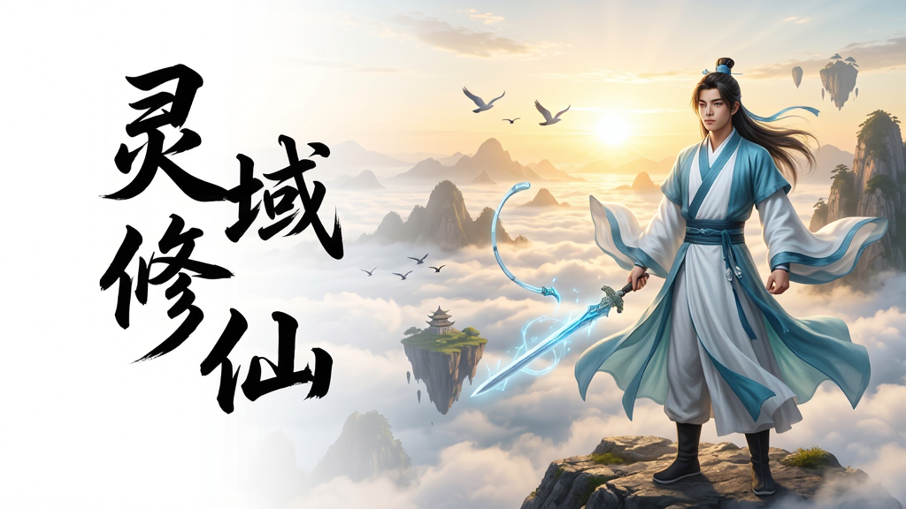 主体为一位身着青白色道袍的年轻修仙者立于云海山巅,背景是层叠仙山与金色晨曦,布局上人物位于画面右侧三分之一处,左侧留白处用飘逸书法字体写有“灵域修仙”四个字,排版采用竖版手游海报构图,风格为国风写实仙侠,细节包括衣袂飘动、灵剑悬浮微光、远处飞鸟与浮空岛屿,画质高清干净,无多余元素