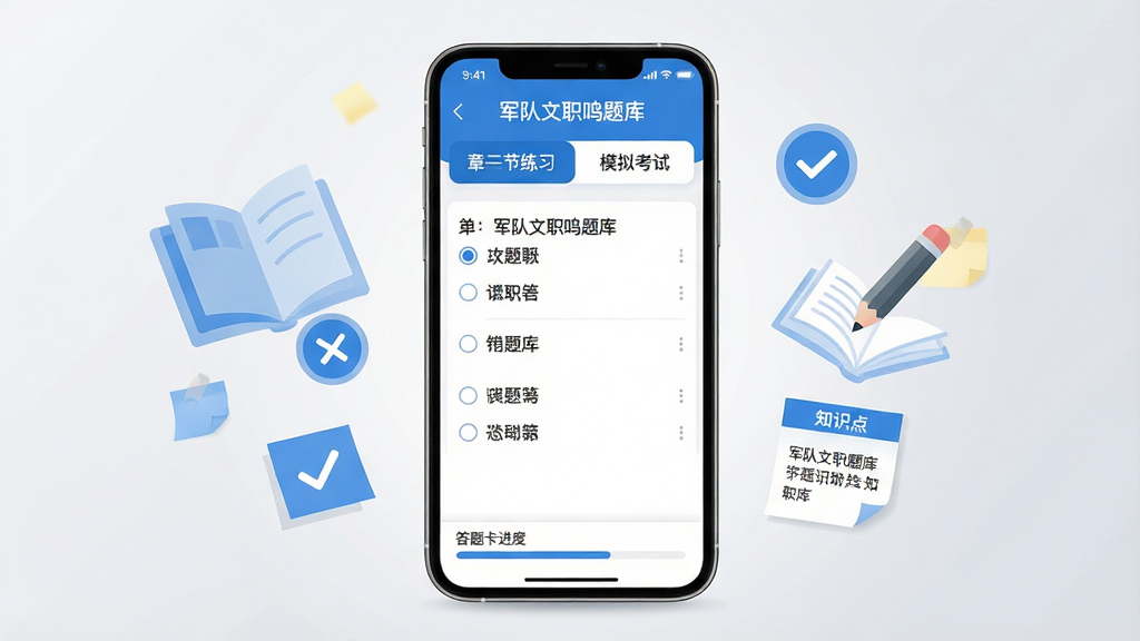 画面中央一部竖屏智能手机,屏幕内呈现军队文职鸣题库的刷题界面,上方显示章节练习与模拟考试入口,中间是单选题题干与四个选项,底部有答题卡进度条;手机两侧漂浮半透明的书本、铅笔、对勾图标与知识点便签;整体采用清爽蓝白配色,扁平化插画风格,布局简洁居中,背景为浅灰渐变,画质清晰锐利,干净无多余元素;手机屏幕中文字为“军队文职鸣题库”