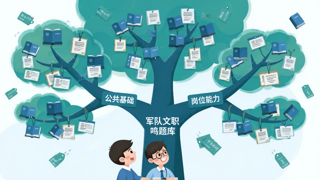 一幅知识树结构的插画,树干上标注“军队文职鸣题库”,树枝分叉为“公共基础”“岗位能力”“专业科目”三大分支,每个分支上挂满小书本图标和题目卡片,树下有一位卡通考生正抬头查看;布局为纵向树形居中,风格为扁平化教育插画,配色以蓝绿为主,细节包括飘落的知识点标签,画质清晰,干净无多余元素