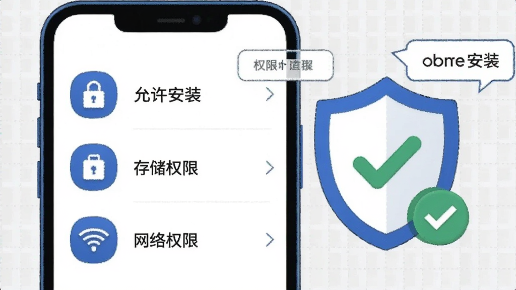 画面为一部手机屏幕展示安装权限设置界面,旁边有盾牌图标与对勾标记,背景为浅灰网格;布局为手机居中,左侧列出“允许安装”“存储权限”“网络权限”三个图标;风格为简洁科技插画,配色为蓝白,细节包括安全锁与提示气泡,画质清晰,干净无多余元素