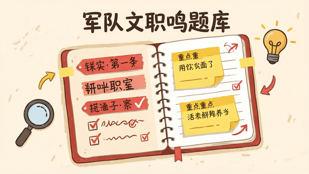 画面中央一个打开的笔记本,封面上写“军队文职鸣题库”,笔记本内页贴满红色错题标签和黄色重点便签,旁边有放大镜与灯泡图标;布局为居中特写,风格为手账风扁平插画,配色为米白底色配红黄点缀,细节包括勾选标记与箭头,画质清晰,干净无多余元素