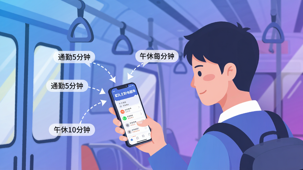 画面为一位年轻人站在地铁车厢内单手拿手机刷题,手机屏幕显示“军队文职鸣题库”的答题界面,周围有虚线箭头指向手机,标注“通勤5分钟”“午休10分钟”等时间标签;布局为人物居中偏右,风格为现代扁平插画,配色为蓝紫渐变背景,细节包括地铁扶手与窗外光影,画质清晰,干净无多余元素