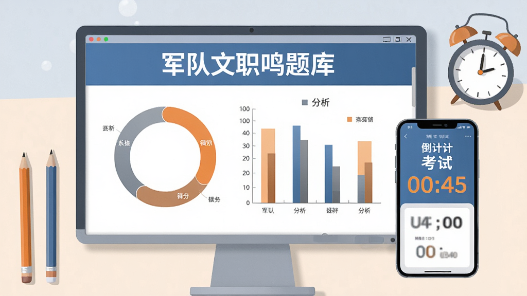 画面为一张横向的成绩报告单悬浮在屏幕上,报告单顶部写“军队文职鸣题库”,中间是环形得分图与柱状模块分析,旁边一部手机显示倒计时考试界面;背景为浅色书桌场景,有铅笔和闹钟点缀;风格为简洁商务插画,布局左右分栏,配色为蓝灰与橙色点缀,画质清晰,干净无多余元素