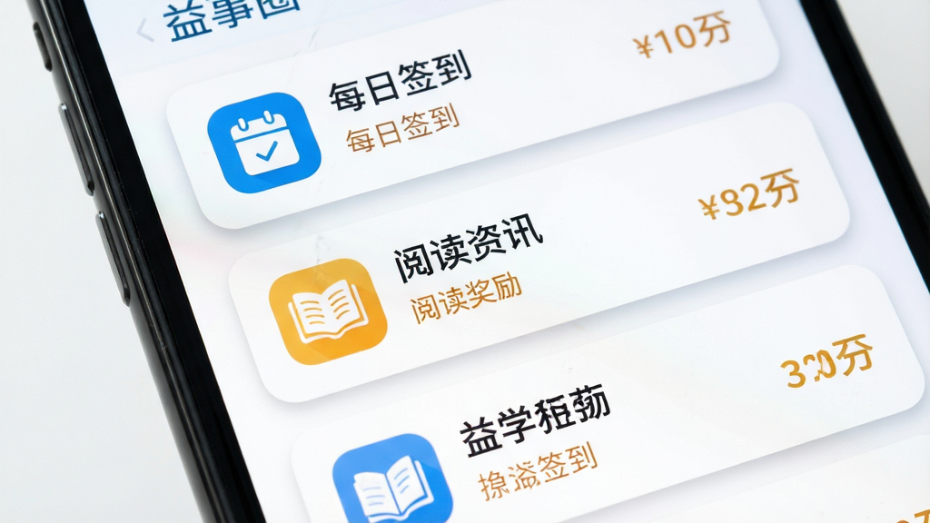 益事圈任务列表界面特写,画面聚焦于手机屏幕上的任务卡片列表,每张卡片清晰展示任务图标、任务名称如“每日签到”、“阅读资讯”以及对应的奖励数值,布局采用垂直列表排版,风格清新明亮,细节可见卡片阴影与圆角设计,画质清晰,画面干净,无杂乱元素