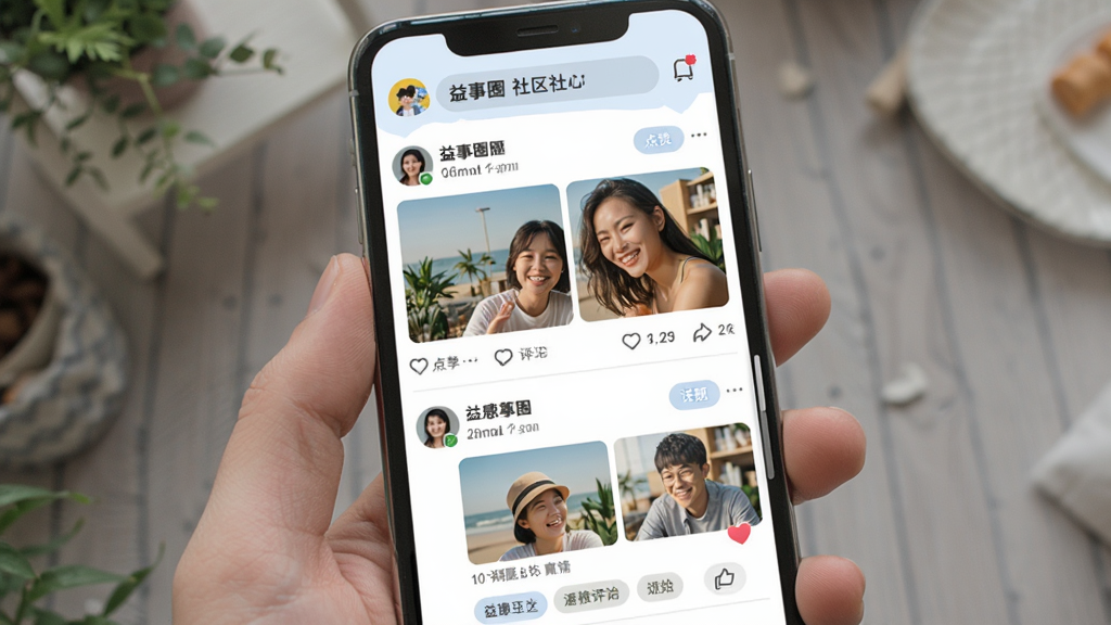 益事圈社区互动界面预览,画面展示手机屏幕内的社区信息流页面,包含用户发布的图文动态、点赞评论按钮以及话题标签,排版为上下滑动列表形式,风格活泼且具亲和力,细节可见头像、昵称与时间戳,画质清晰,画面干净无干扰