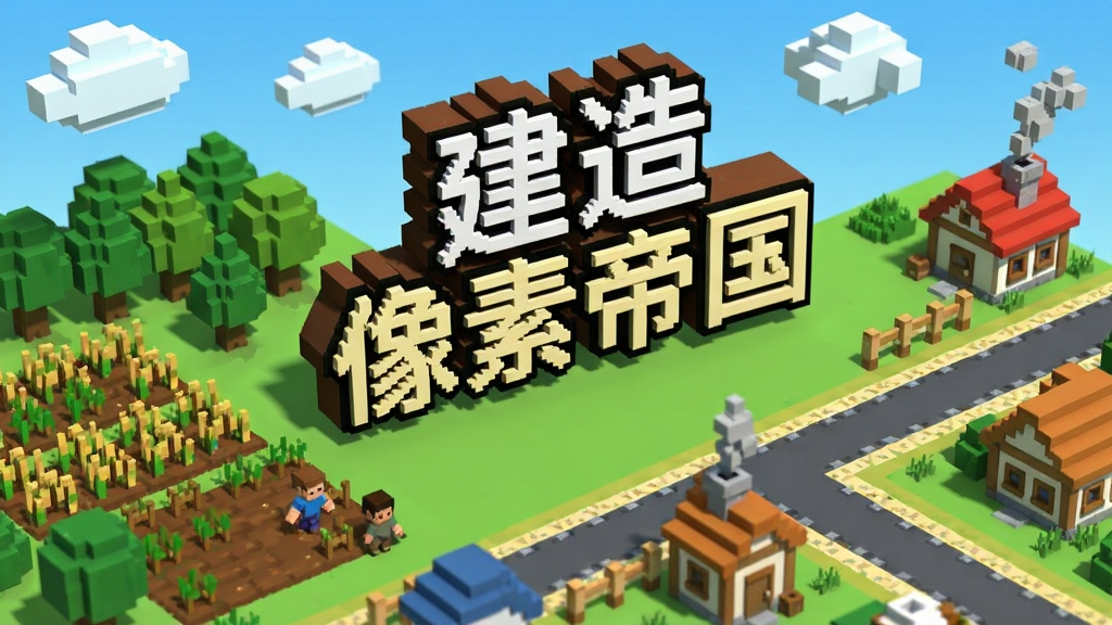 主体为一座由像素方块搭建的城镇全景,画面中央放置游戏名称“建造像素帝国”立体像素字牌,布局采用俯视微倾斜视角,左侧为农田与树林,右侧为房屋与道路,排版上文字居中偏上,风格为明亮卡通像素风,细节包括小人在田间走动、烟囱冒烟、云朵飘浮,画质清晰干净,无多余元素
