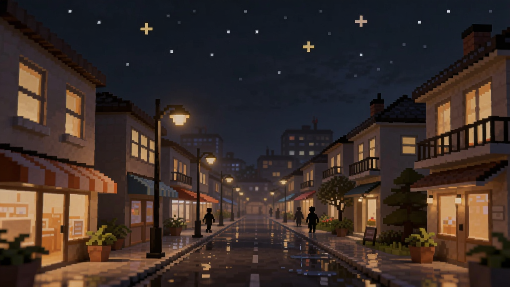 主体为像素城镇夜景,画面中房屋窗户透出暖黄色灯光,布局为街道纵深感构图,左侧为店铺右侧为住宅,排版上天空占据上方三分之一,风格为温馨像素夜景,细节包括路灯、星星、行人剪影、雨后地面反光,画质柔和干净,无多余元素