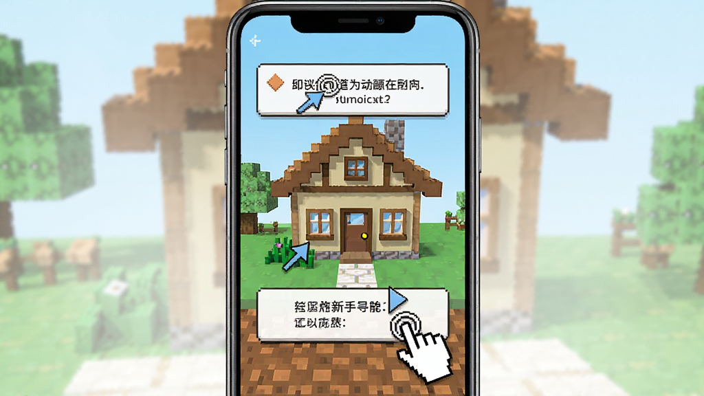 主体为手机屏幕展示像素建造游戏的新手引导界面,画面中带有箭头指示点击位置,布局为竖屏手机视角居中展示,排版上手机位于画面中央、四周留白,风格为简洁产品展示风,细节包括屏幕内像素房屋、引导文字框、手指点击图标,画质清晰干净,无多余元素