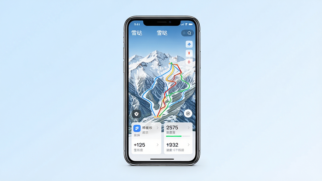 主体为一部竖屏智能手机,屏幕上显示雪哒App的滑雪轨迹记录界面,包含雪山地图、滑行路线曲线与速度数据卡片;布局为手机居中放置,背景是简洁的浅蓝色渐变;排版上手机屏幕内容占据画面视觉中心,四周留白干净;风格为清爽科技感UI展示风;细节包括屏幕内可见“雪哒”字样、雪道线条、数据面板图标,手机边缘有轻微高光;画质清晰,干净,无多余元素
