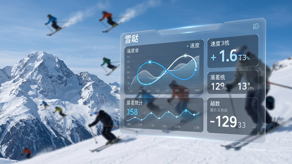 主体为一块悬浮在雪山背景前的半透明数据面板,面板上排列着滑行轨迹曲线、速度数值、落差统计与趟数计数等模块;布局为面板居中偏右,左侧留出雪山远景;排版采用卡片式信息层级,主数据放大、辅助数据缩小;风格为运动科技数据可视化风格;细节包括面板边缘的“雪哒”标识、蓝色与白色为主的数据线条、背景有模糊的滑雪者剪影;画质清晰,干净,无多余元素