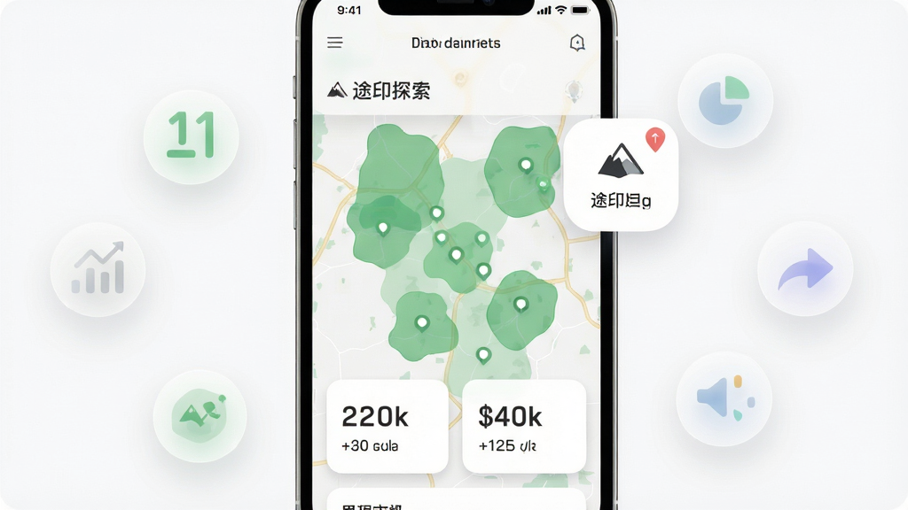 画面主体为途印探索的足迹可视化统计页面,手机屏幕显示地图上多个绿色覆盖区域与里程数字统计卡片,布局为手机居中、周围散落几个半透明数据图标点缀,排版清晰有层次,风格为简约数据可视化风,细节包括地图色块柔和、数字字体清晰、卡片圆角自然,画质高清干净无多余元素