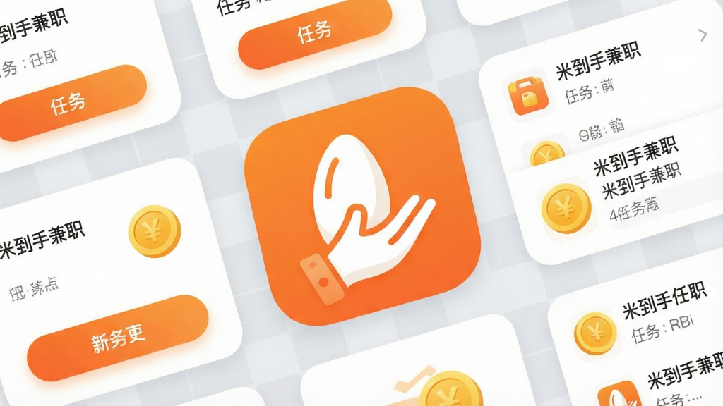 手机应用商店界面展示一款名为米到手兼职的APP图标,图标设计简洁明快,以橙色和白色为主色调,图标中央有米粒和手的抽象图形,背景为浅灰色网格布局,周围环绕多个任务卡片和金币元素,整体排版清晰有序,风格为扁平化现代设计,细节包括圆角图标、渐变按钮和任务列表预览,画质高清,画面干净,无多余元素