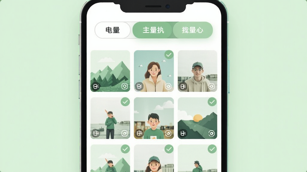 手机屏幕显示照片网格列表,部分照片带有勾选标记,界面顶部有批量操作按钮,背景简洁,风格为清爽扁平插画,配色以白与浅绿为主,布局整齐,画质清晰,无多余元素