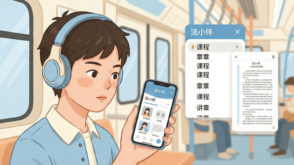 一张表现移动学习课程功能的场景图,画面为一位年轻用户戴着耳机在地铁车厢内使用手机学习,手机屏幕显示“法小伴”课程播放界面,包含进度条、倍速按钮与讲义缩略图,布局为人像居中偏左、右侧以悬浮卡片形式展示课程章节列表与讲义页面,风格为温暖生活化插画风,配色以浅蓝、米白与柔橙为主,细节上人物表情专注、车厢环境简洁、屏幕内容清晰可辨,画质细腻,画面干净,无多余元素