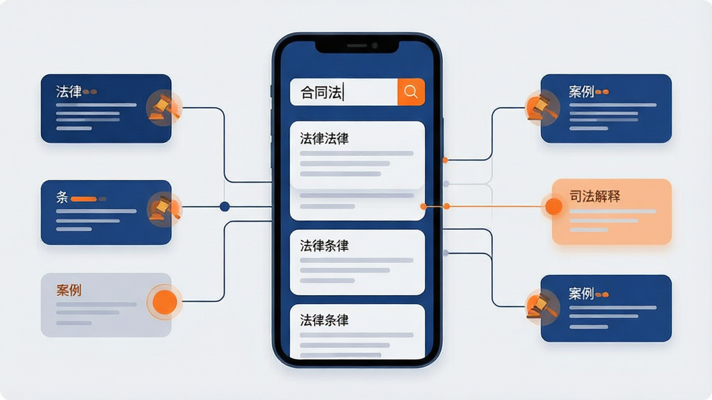 一张表现法律条文智能检索功能的界面示意图,画面主体为一部横放的智能手机,屏幕中显示搜索框内输入“合同法”关键词,下方列出多条法律条文卡片并以连线方式关联到司法解释与案例小卡片,布局为手机居中、左右两侧以信息图表形式展示关联节点,风格为现代科技感扁平插画,配色以深蓝与浅灰为主、关键节点用橙色高亮,细节上卡片圆角、连线纤细、文字块以横线示意,画质清晰,画面干净,无多余元素