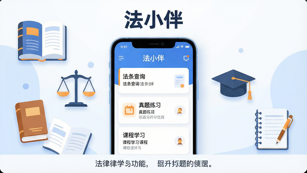 一张展示法律学习类手机应用界面的产品全景图,画面中央是一部竖屏安卓手机,屏幕内显示“法小伴”应用主界面,包含法条查询、真题练习、课程学习三个主要功能卡片,手机周围以扁平化图标形式环绕法律书籍、天平、学士帽、笔记本等元素,整体布局为居中构图,上方留白放置应用名称“法小伴”,下方为简洁功能说明条,风格为清新明亮的扁平化插画风,配色以蓝白为主辅以少量暖橙色点缀,细节上手机边框圆润、图标线条干净、阴影柔和,画质清晰锐利,画面干净整洁,无多余装饰元素