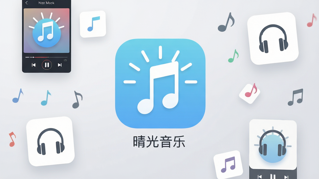 手机应用商店展示页面,中央是晴光音乐应用图标与名称,图标为浅蓝色圆形底配白色音符与阳光射线图案,背景为干净的浅灰渐变,周围悬浮着音乐播放界面卡片、耳机图标与音符元素,整体布局居中对称,风格清爽现代扁平化,细节清晰锐利,画质高清干净无多余装饰元素