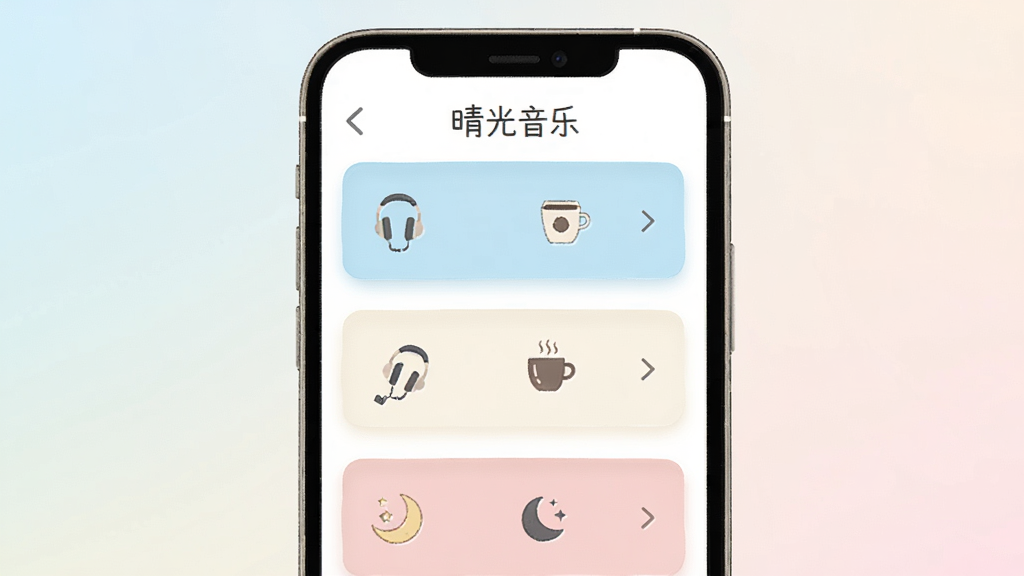 晴光音乐软件界面截图风格插画,画面主体为手机屏幕内显示场景电台列表,屏幕上方标注晴光音乐字样,电台卡片以浅蓝、米白、淡粉三色区分,每张卡片配有耳机、咖啡杯、月亮等小图标,背景为柔和的浅色渐变,排版整齐留白充足,风格清新扁平,画质清晰干净