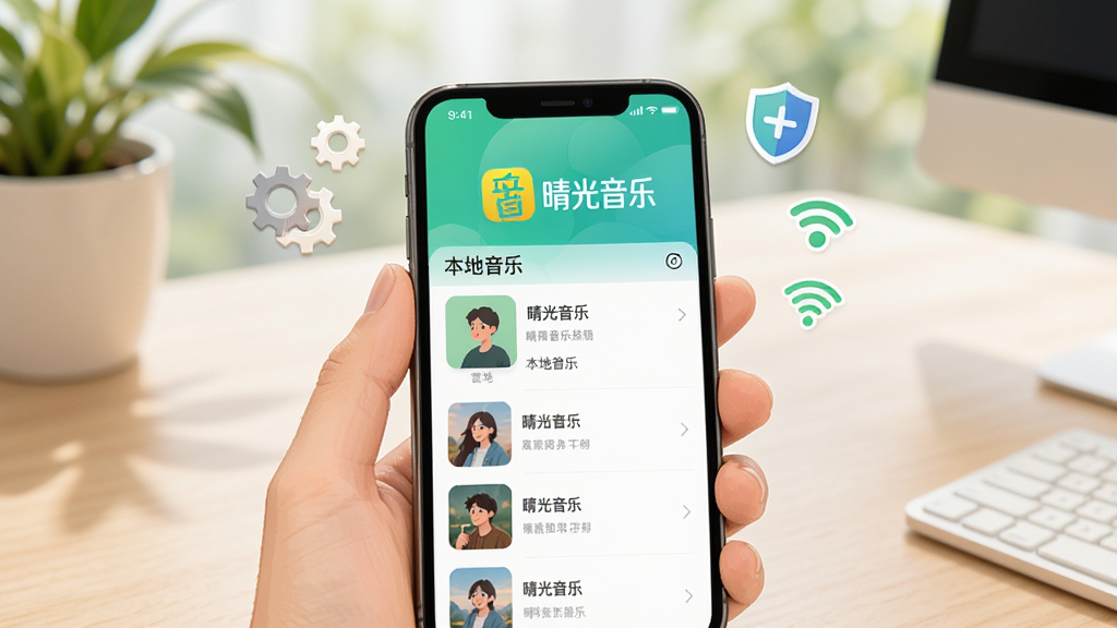 晴光音乐新手使用场景插画,画面为一只手握着手机,手机屏幕显示晴光音乐本地音乐列表界面,屏幕上方有晴光音乐标识,旁边漂浮着齿轮、盾牌、WiFi信号等小图标,背景为浅色桌面与绿植虚化,风格写实清新,布局自然,画质清晰干净