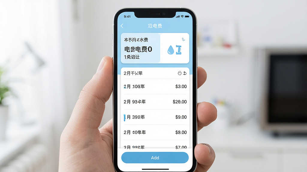 一张展示手机屏幕的图片,屏幕中显示水电账单记录软件的首页界面,界面以浅蓝色和白色为主色调,上方有本月水费电费汇总卡片,中间是账单列表,每条记录带有日期和金额,底部有添加按钮,整体风格简洁清爽,画质清晰,干净无多余元素