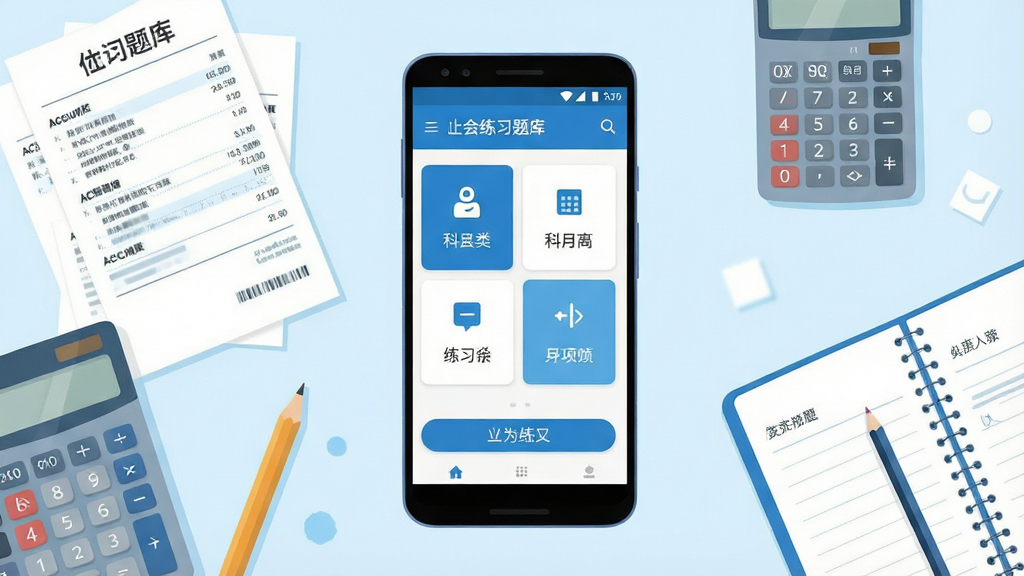 一张展示初级会计财会练习题库手机应用主界面的场景图,画面中央是一部竖屏安卓手机,屏幕内呈现题库首页的科目分类卡片与练习入口布局,手机周围散落着会计凭证、计算器、铅笔和笔记本等学习元素,整体采用清新明亮的蓝白色调,扁平化插画风格,构图简洁干净,细节清晰,画质高清,无多余装饰元素