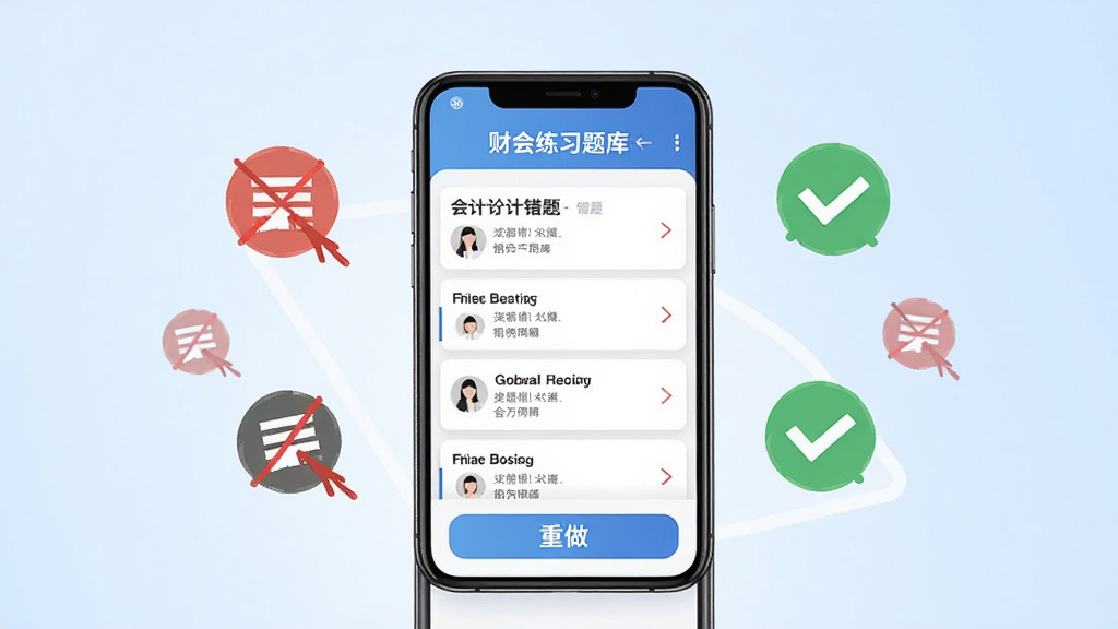 一张展示初级会计财会练习题库错题本功能的场景图,画面为手机屏幕内呈现错题列表与重做按钮,屏幕旁边漂浮着红色标记的错误图标和绿色对勾图标,背景为淡蓝色渐变,风格为简洁矢量插画,构图以手机为中心,细节清晰,画质高清,整体干净利落