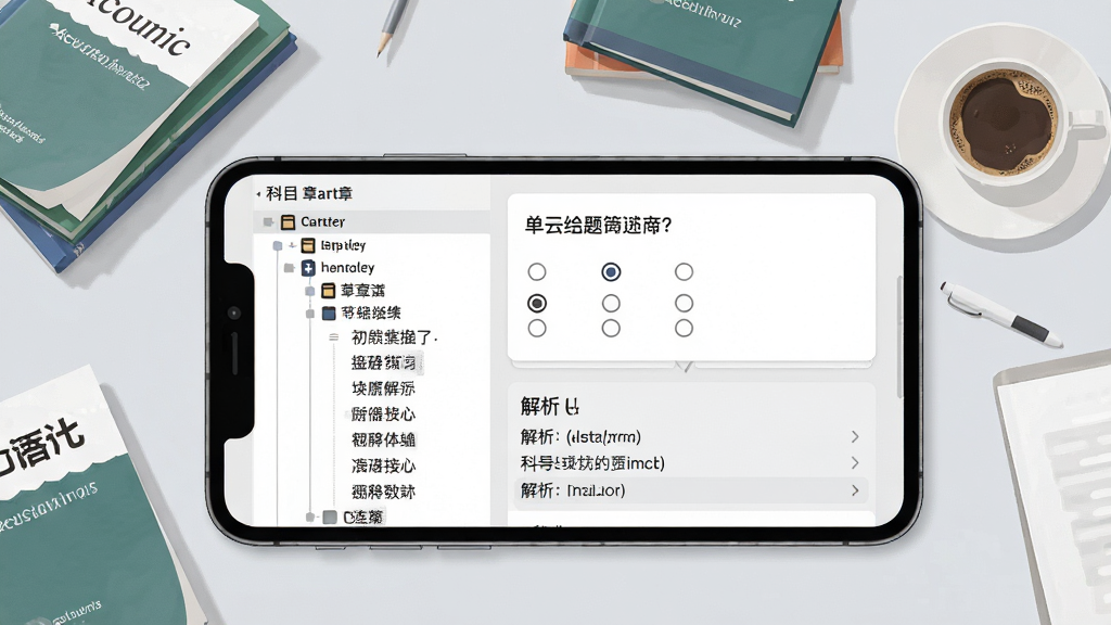 一张表现初级会计财会练习题库章节练习功能的示意图,画面主体为手机屏幕内展示的章节列表与答题界面,左侧是科目章节树状目录,右侧是单选题答题卡片与解析区域,背景为浅灰色书桌场景,配有几本会计教材和一杯咖啡,风格为现代扁平插画,布局左右分区清晰,细节精致,画质高清,画面干净无杂乱元素