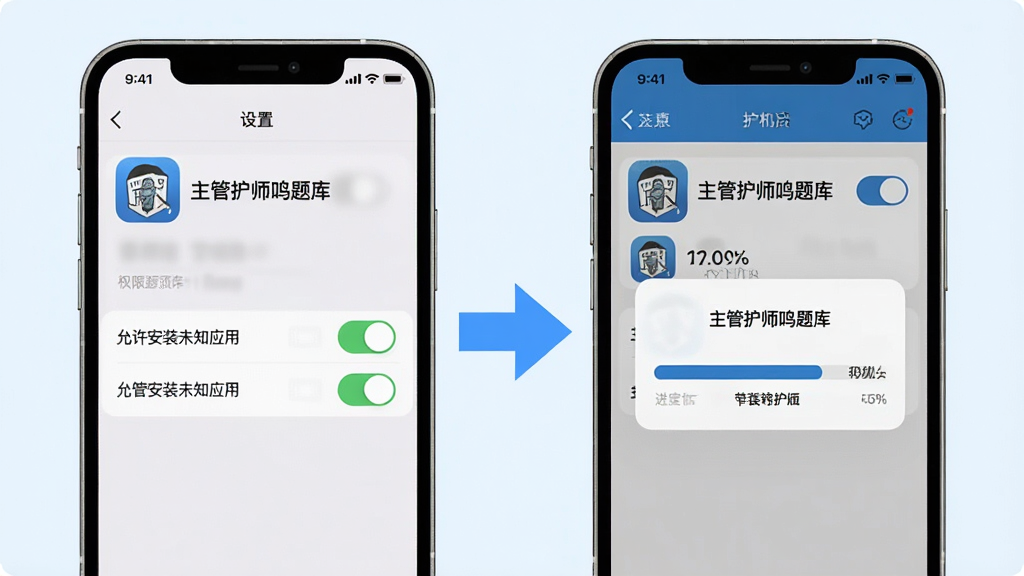 主体为手机设置界面与安装权限弹窗的对比展示,左侧为“允许安装未知应用”开关,右侧为主管护师鸣题库安装进度条;布局为双手机并排示意,中间用箭头连接;风格为教程图解风,浅色背景配蓝色高亮;细节包含“主管护师鸣题库”图标、权限开关、进度百分比;画质清晰、图示直观、无多余元素