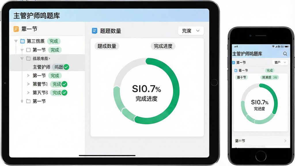 主体为打开的题库目录界面,左侧为章节树状列表,右侧为题目数量与完成进度环形图;布局为左右分栏的平板与手机组合展示,排版整齐;风格为教育类应用常见的浅色卡片风;细节包含“主管护师鸣题库”字样、章节名称标签、绿色完成对勾;画质清晰、文字锐利、画面干净、无多余装饰