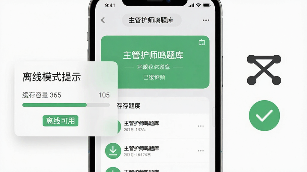 主体为手机屏幕显示离线模式提示与已缓存题库列表,旁边配有无网络图标与下载完成对勾;布局为手机居中、左侧浮层显示缓存进度;风格为轻量工具风,浅灰与绿色搭配;细节包含“主管护师鸣题库”文字标识、缓存容量数字、离线可用标签;画质干净、界面清爽、无多余装饰