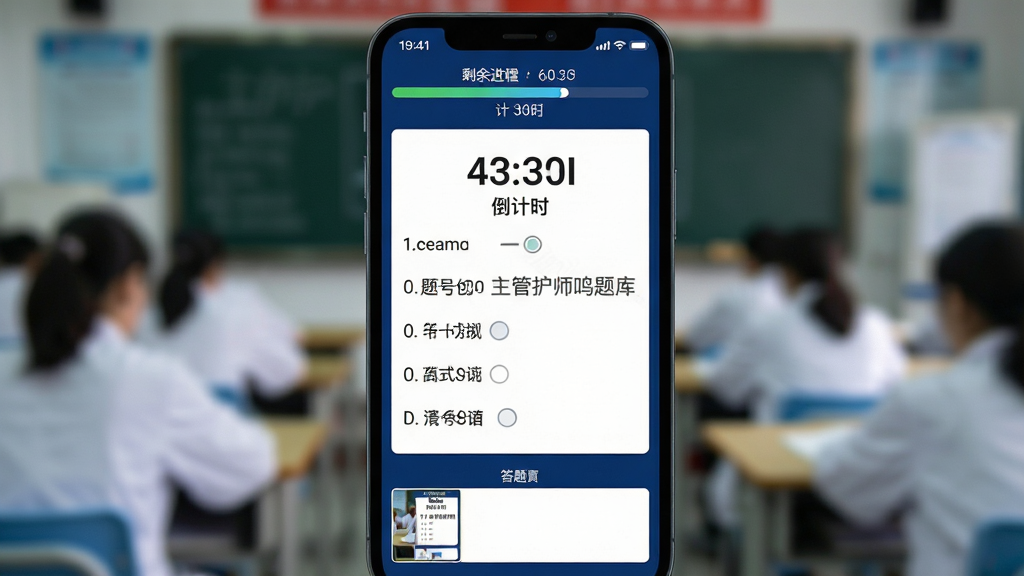 主体为手机屏幕显示模拟考试倒计时界面,顶部为剩余时间进度条,中部为单道选择题与四个选项,底部为答题卡缩略图;布局为手机正面特写,背景虚化;风格为严肃考试场景的深蓝配色;细节包含“主管护师鸣题库”水印文字、计时器数字、题号标签;画质高清、界面整洁、无杂乱元素