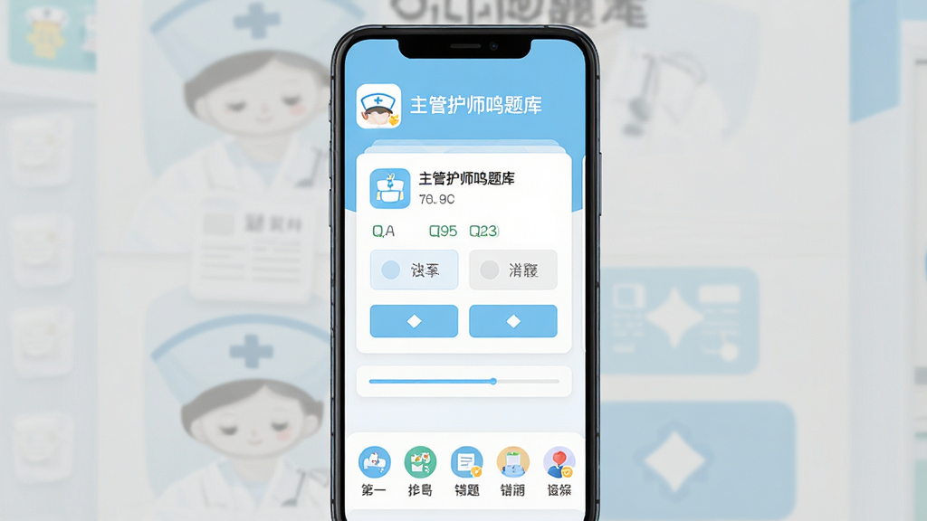 主体为一台竖屏安卓手机,屏幕中央展示主管护师鸣题库的刷题界面,包含题目卡片、选项按钮与进度条;布局采用手机居中、四周留白的构图,排版上方为软件名称标题文字“主管护师鸣题库”,下方为功能图标横排;风格为清爽扁平化UI设计,浅蓝与白色为主色调;细节包含护士帽图标、答题卡、错题本小图标;画质高清、界面干净、无多余元素