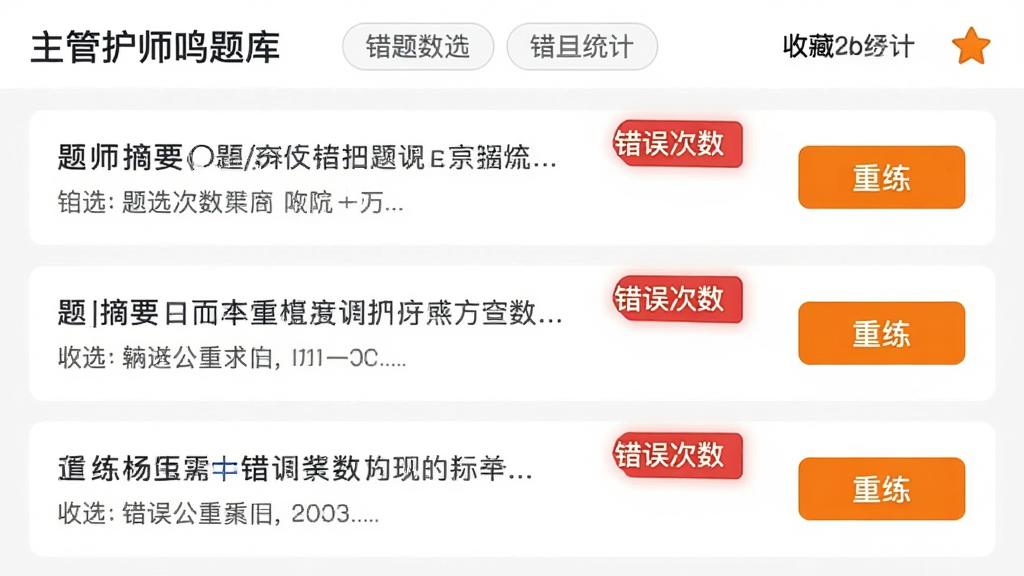 主体为错题本列表页面,每条记录包含题目摘要、错误次数红色角标与重练按钮;布局为纵向列表滚动样式,顶部有筛选标签;风格为简洁工具类应用界面,白底配橙色强调色;细节包含“主管护师鸣题库”标题栏、错题数量统计、收藏星标;画质清晰、排版规整、无多余元素