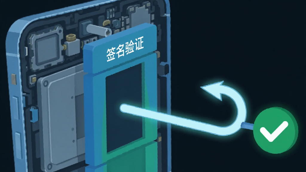 画面展示手机内部结构剖面图,一条发光的钩子形状线条穿过层层校验关卡,关卡上标注
