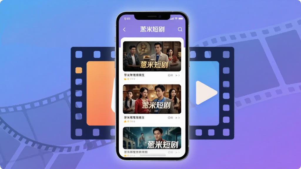 画面中央为一部竖屏智能手机,屏幕上显示“薏米短剧”APP首页界面,界面中有多张短剧封面卡片纵向排列,手机后方衬托着电影胶片和播放按钮的抽象图形,整体布局居中对称,风格为现代扁平化插画,蓝紫色渐变背景,细节上手机边缘有柔和光晕,画质清晰,干净,无多余元素