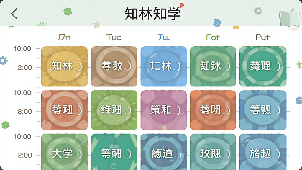 一张展示手机课表界面的示意图,画面主体为彩色课程方块按周排列的网格布局,顶部有「知林知学」字样,风格扁平清新,细节包含时间轴与科目色块,画质清晰,干净无杂乱元素