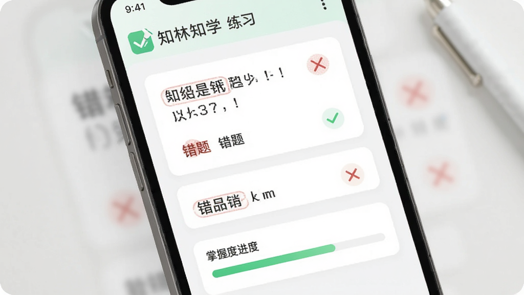 一张手机屏幕展示错题本与练习界面的示意图,画面中有题目卡片、红色错题标记与掌握度进度条,界面带有「知林知学」标识,风格清爽明亮,细节包含对勾与叉号图标,画质清晰,排版整齐干净