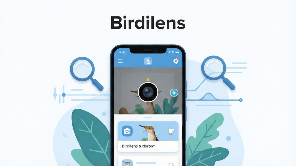 �����������һ����׿�ֻ����ֻ���Ļ��ʾBirdilensӦ�������棬�����������ȡ�����ʶ������Ƭ���ֻ���Χ����ֲ��ҶƬ���Ŵ�ͼ��������������������ֲ��þ��й�ͼ���Ϸ����׷���Ӧ���������֡�Birdilens�������Ϊ�ִ��Ƽ��б�ƽ�廭��ǳ�����ɫΪ��ɫ����ϸ�ڰ���������ͼ���Ե�������Ӱ��ɾ������������������ɾ����޶���Ԫ��